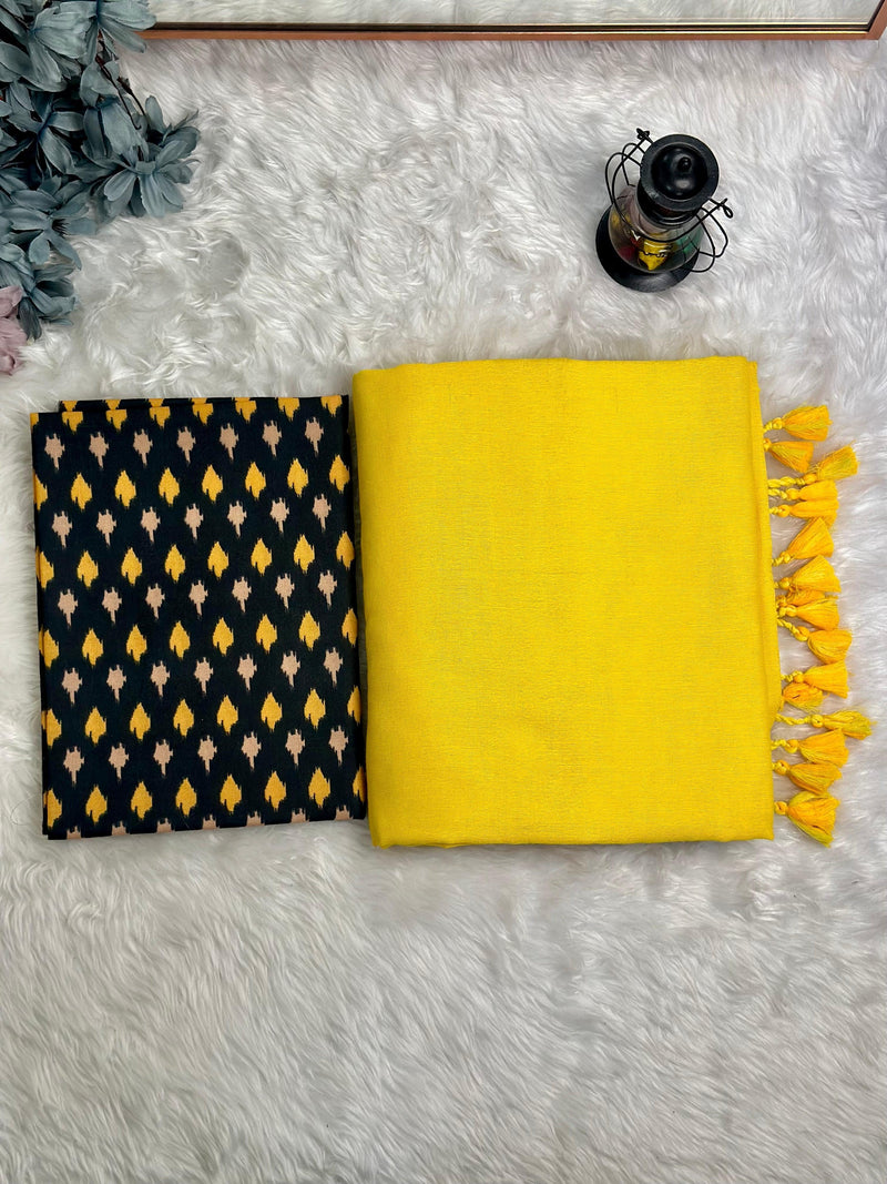 Premium Handloom Cotton Saree - Lemon yellow saree with black printed blouse - Cotton Dori
