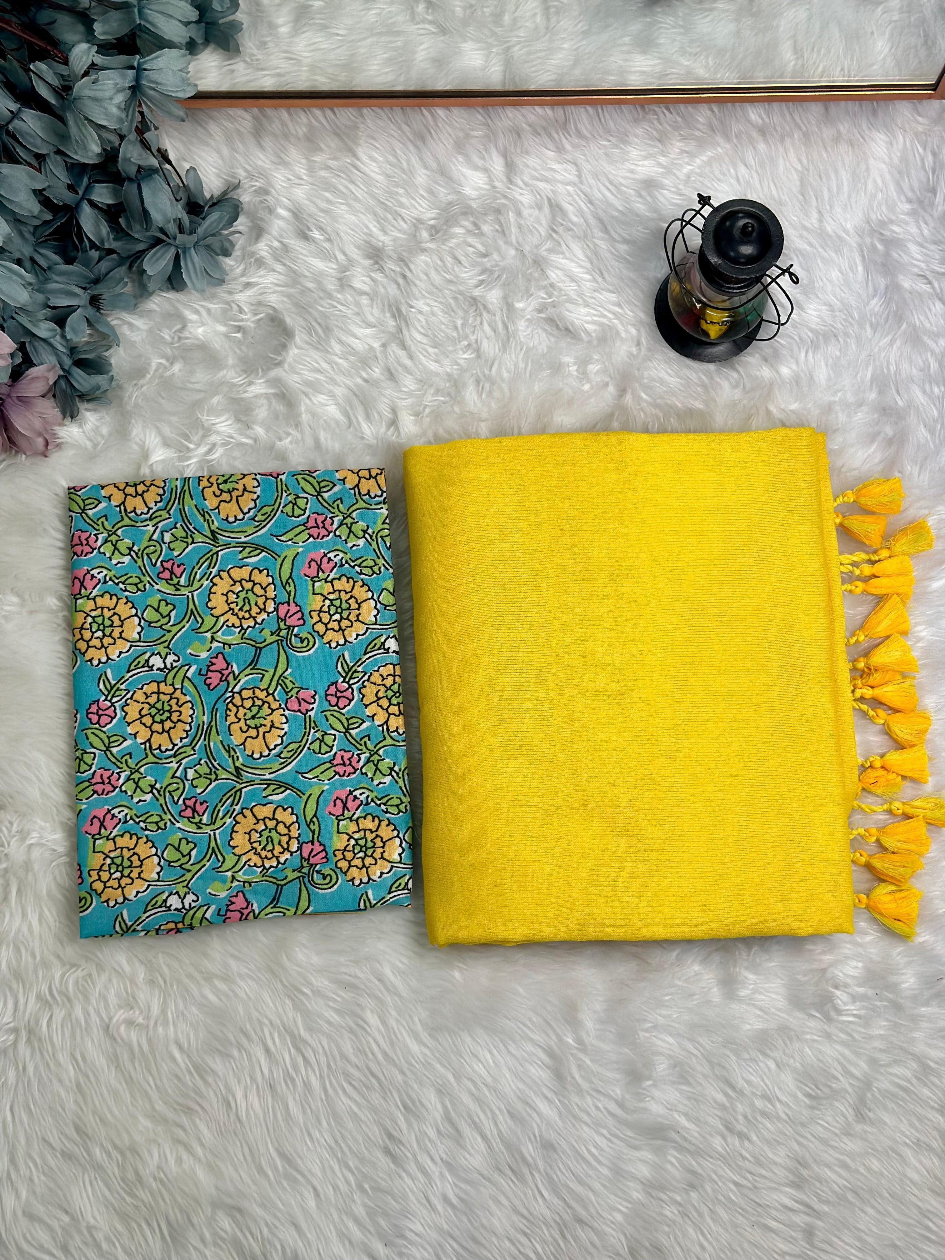 Premium Handloom Cotton Saree - Pure cotton yellow saree with baby blue blouse - Cotton Dori