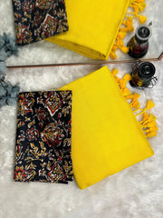 Premium Handloom Cotton Saree - Bright yellow saree with black printed blouse - Cotton Dori