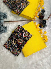 Premium Handloom Cotton Saree - Bright yellow saree with black printed blouse - Cotton Dori