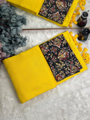 Premium Handloom Cotton Saree - Bright yellow saree with black printed blouse - Cotton Dori