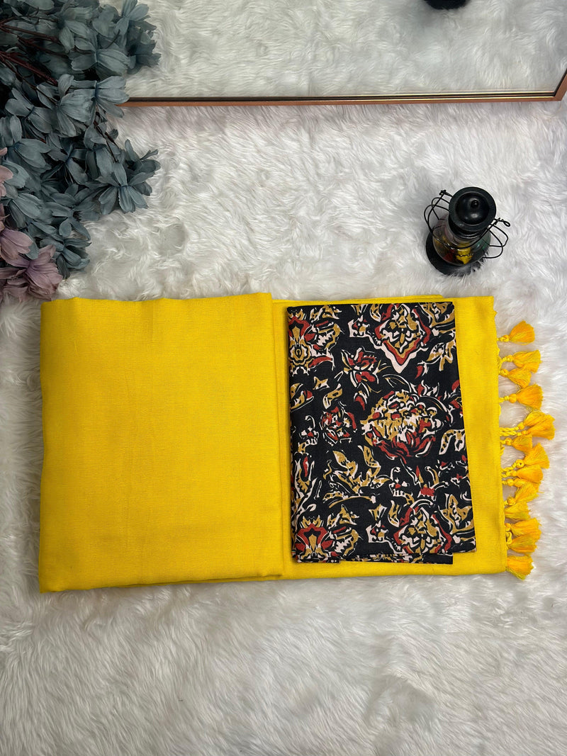 Premium Handloom Cotton Saree - Bright yellow saree with black printed blouse - Cotton Dori