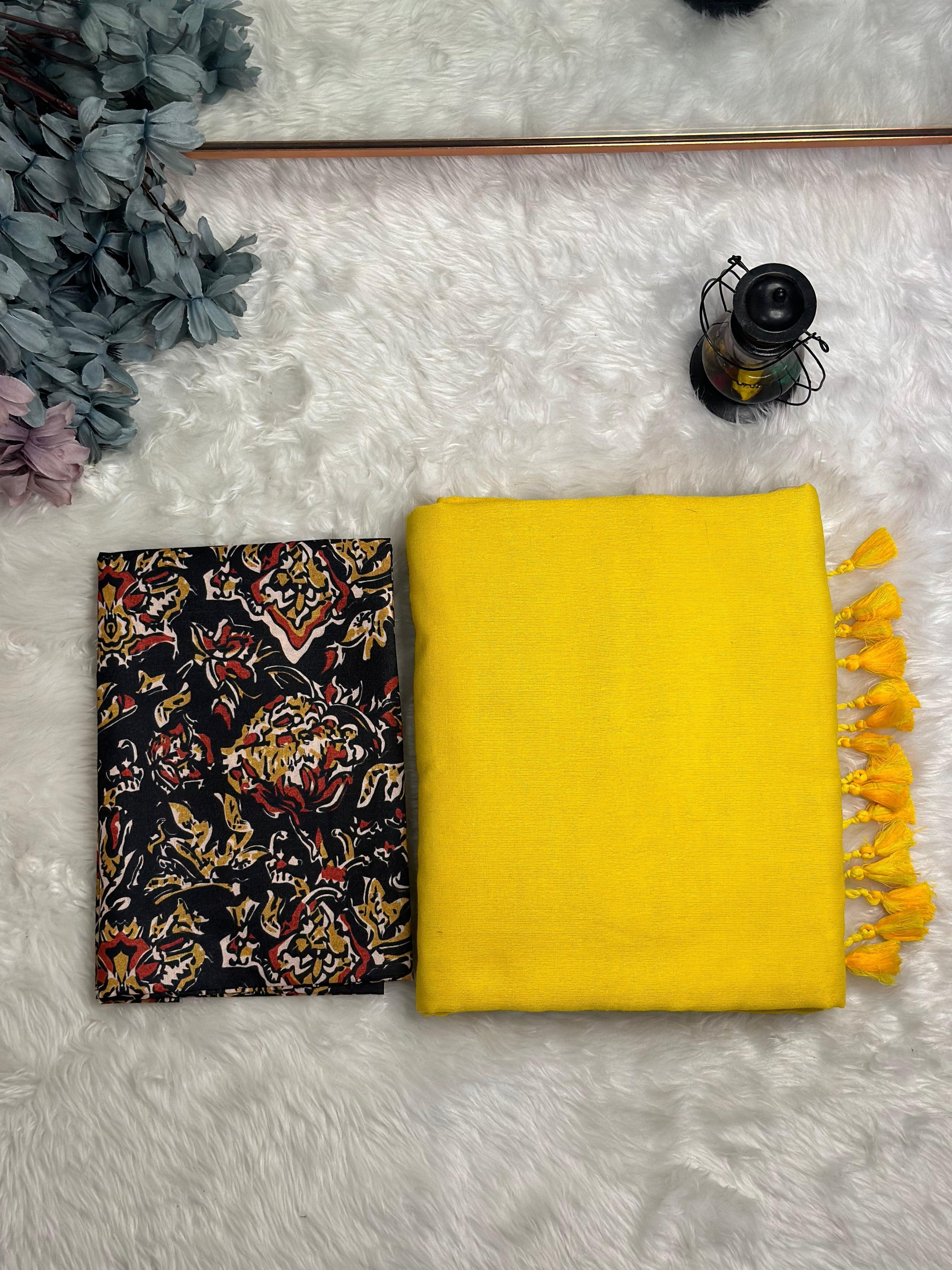 Premium Handloom Cotton Saree - Bright yellow saree with black printed blouse - Cotton Dori