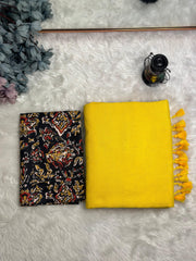 Premium Handloom Cotton Saree - Bright yellow saree with black printed blouse - Cotton Dori