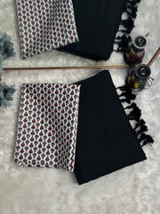 Premium Handloom Cotton Saree - Royal black saree with white flower printed blouse - Cotton Dori