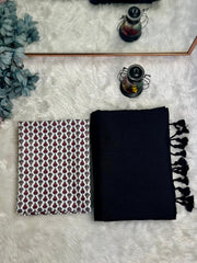 Premium Handloom Cotton Saree - Royal black saree with white flower printed blouse - Cotton Dori
