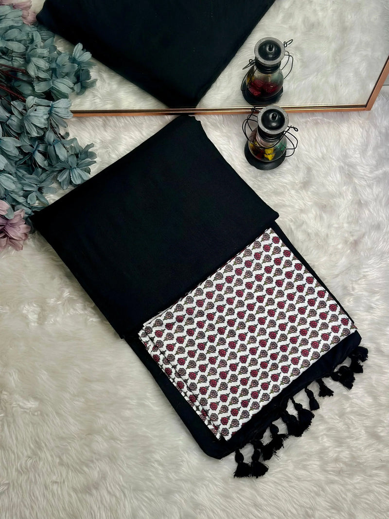 Premium Handloom Cotton Saree - Royal black saree with white flower printed blouse