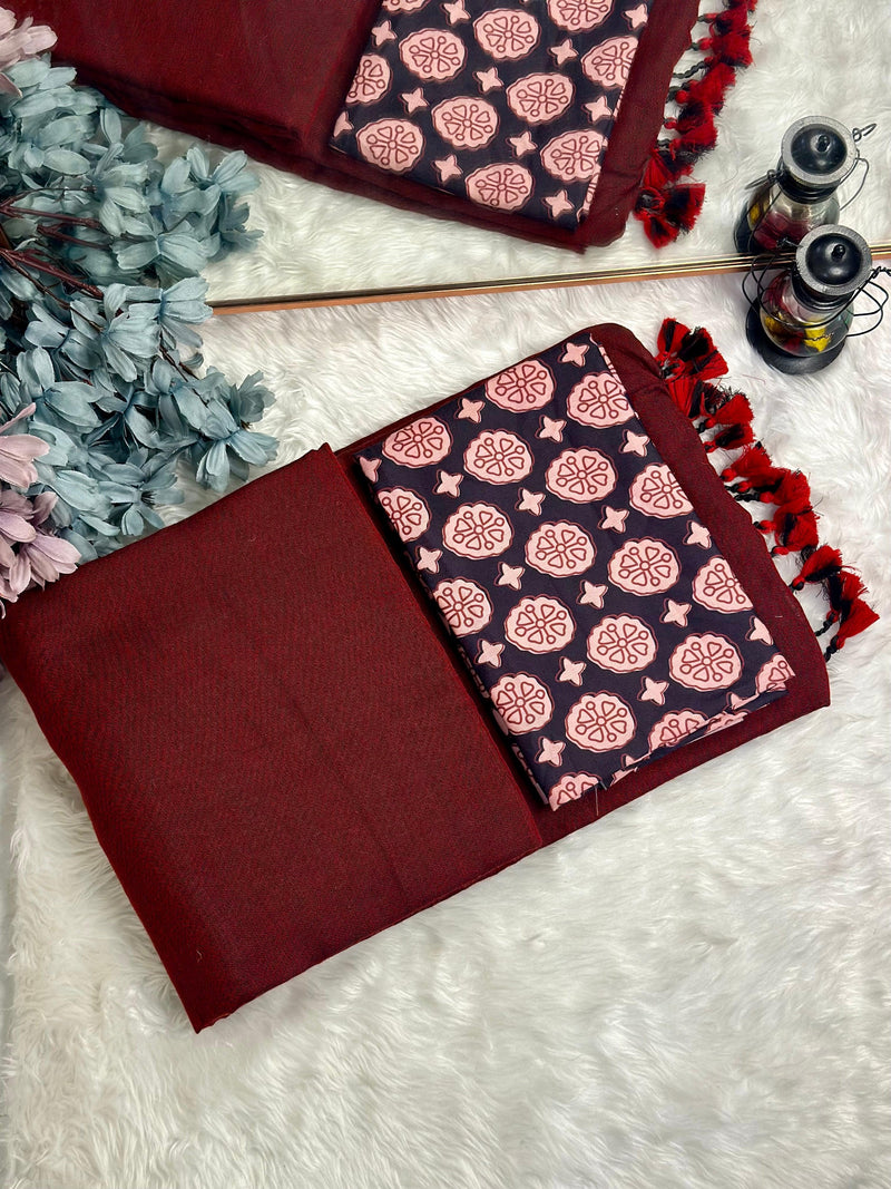 Premium Handloom Cotton Saree - Deep maroon saree with black printed blouse - Cotton Dori