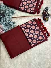 Premium Handloom Cotton Saree - Deep maroon saree with black printed blouse - Cotton Dori