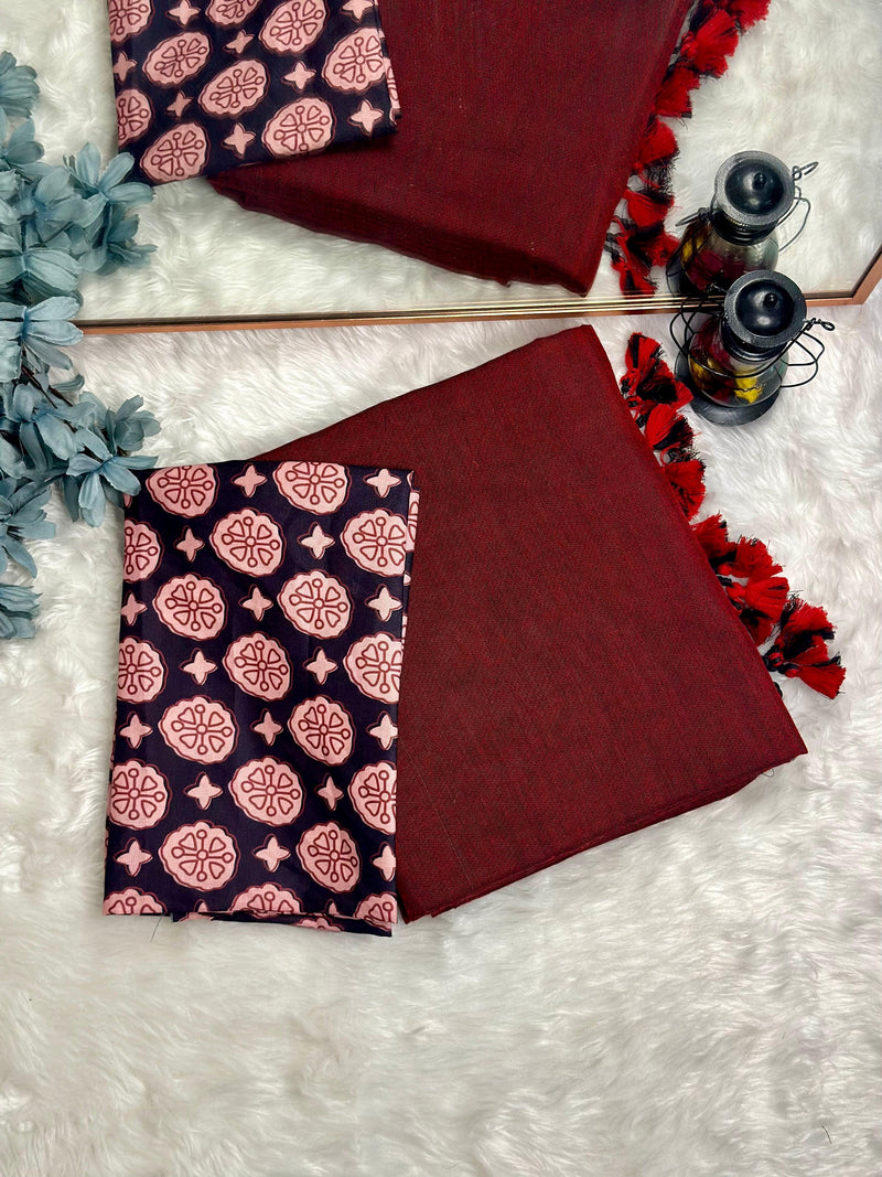 Premium Handloom Cotton Saree - Deep maroon saree with black printed blouse - Cotton Dori