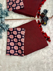 Premium Handloom Cotton Saree - Deep maroon saree with black printed blouse - Cotton Dori