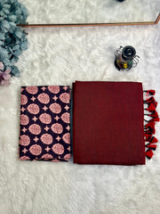 Premium Handloom Cotton Saree - Deep maroon saree with black printed blouse - Cotton Dori