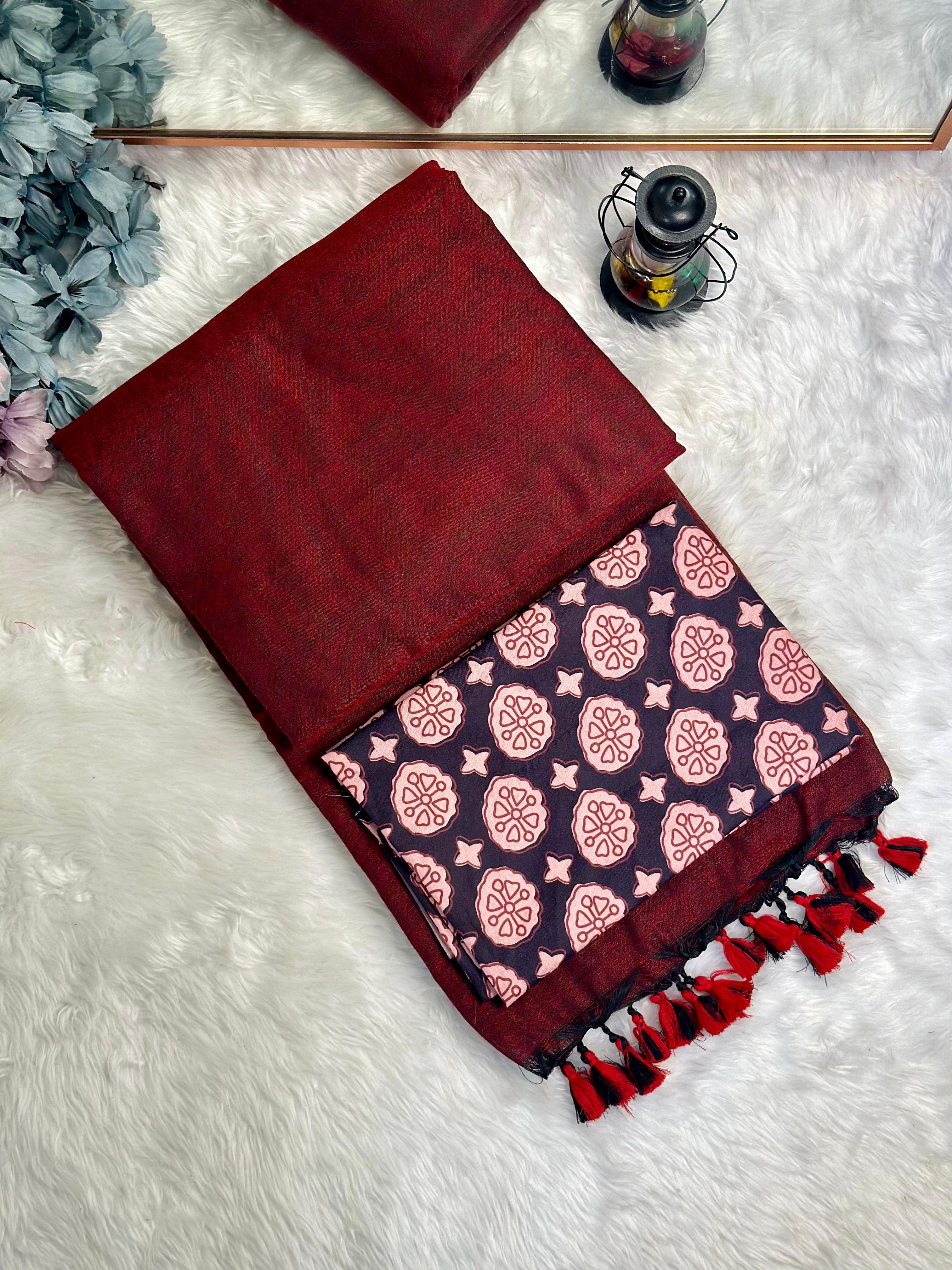 Premium Handloom Cotton Saree - Deep maroon saree with black printed blouse - Cotton Dori