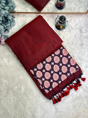 Premium Handloom Cotton Saree - Deep maroon saree with black printed blouse - Cotton Dori