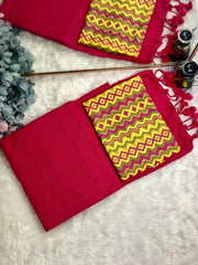 Premium Handloom Cotton Saree - Cherry red saree with yellow printed blouse - Cotton Dori