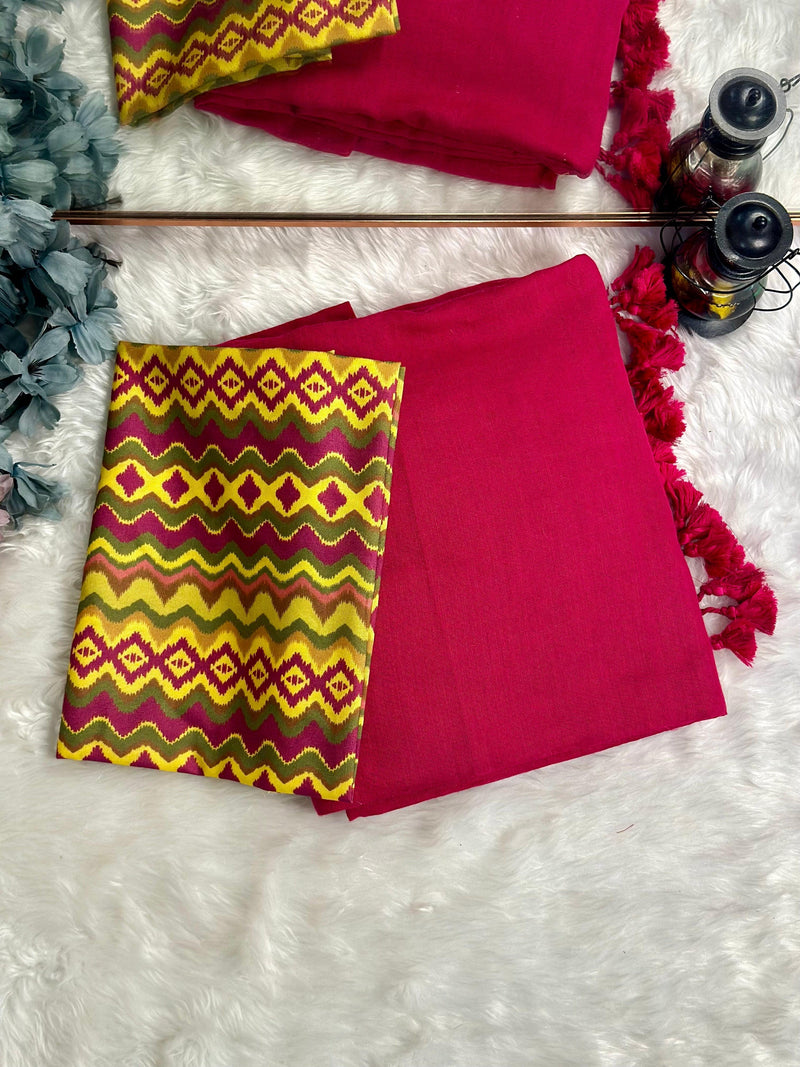Premium Handloom Cotton Saree - Cherry red saree with yellow printed blouse - Cotton Dori