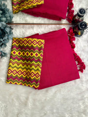 Premium Handloom Cotton Saree - Cherry red saree with yellow printed blouse - Cotton Dori