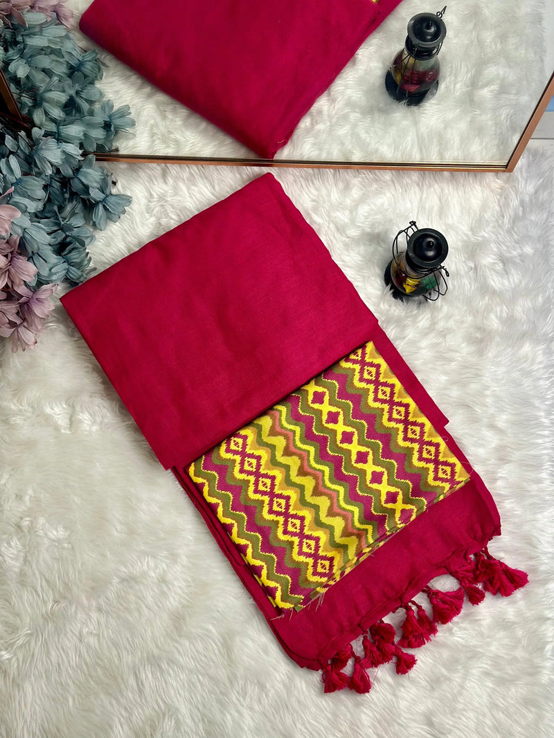 Premium Handloom Cotton Saree - Cherry red saree with yellow printed blouse
