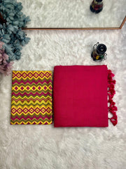 Premium Handloom Cotton Saree - Cherry red saree with yellow printed blouse - Cotton Dori