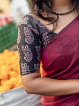 Elegant Handloom Cotton Saree – Wine Maroon Saree with Black Paisley Designer Blouse