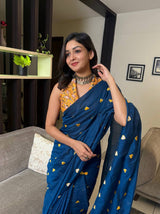 Graceful Rama Blue Heart Work Handloom Cotton Saree with Designer printed Blouse