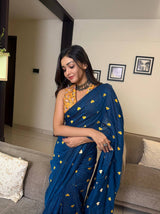Graceful Rama Blue Heart Work Handloom Cotton Saree with Designer printed Blouse