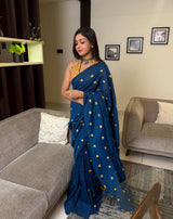 Graceful Rama Blue Heart Work Handloom Cotton Saree with Designer printed Blouse