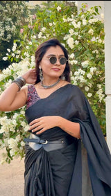 Premium Handloom Cotton Saree - South Indian black saree with printed blouse