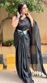 Premium Handloom Cotton Saree - South Indian black saree with printed blouse