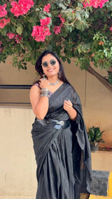 Premium Handloom Cotton Saree - South Indian black saree with printed blouse
