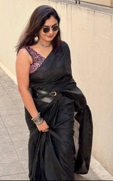 Premium Handloom Cotton Saree - South Indian black saree with printed blouse