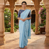 Timeless Handloom Cotton Saree – Sky Blue Cotton Saree with Flower Print Blouse