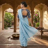 Timeless Handloom Cotton Saree – Sky Blue Cotton Saree with Flower Print Blouse