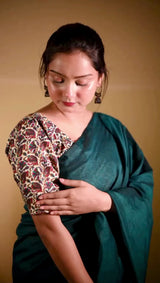Green cotton handloom saree with floral printed blouse