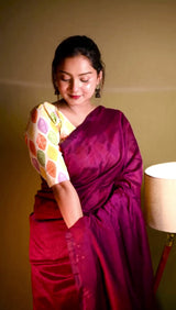 Traditional Bottle Wine handloom cotton saree with printed blouse