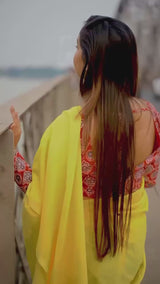 Yellow cotton handloom saree with floral printed blouse