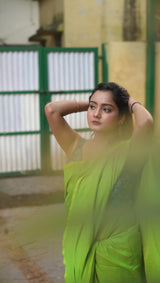 Lemon green handloom cotton saree with printed blouse