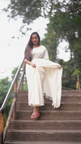 Sky White handloom cotton saree with printed blouse