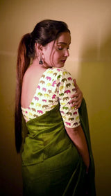 Velvet Green handloom cotton saree with printed blouse