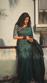 Graceful Handloom Cotton Saree -  Deep Green Cotton Saree with Flower Designer Blouse
