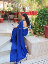 Premium Handloom Cotton Saree - Rich Royal Blue cotton saree with white printed blouse