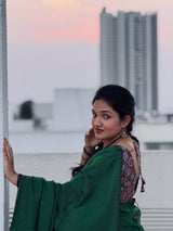 Handloom Cotton Saree – Deep Green Cotton Saree with Kalamkari Printed Blouse