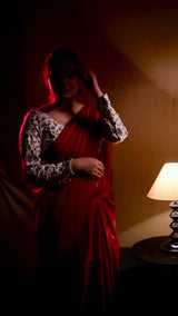 Red cotton handloom saree with floral printed blouse