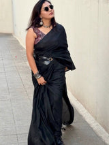 Premium Handloom Cotton Saree - Royal black cotton saree with flower printed blouse