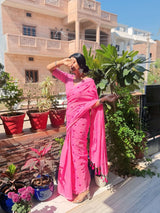 Charm pink cotton handloom saree with flower printed blouse