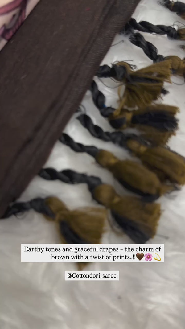 Premium Handloom Cotton Saree - Mocha brown saree with brown flower printed blouse