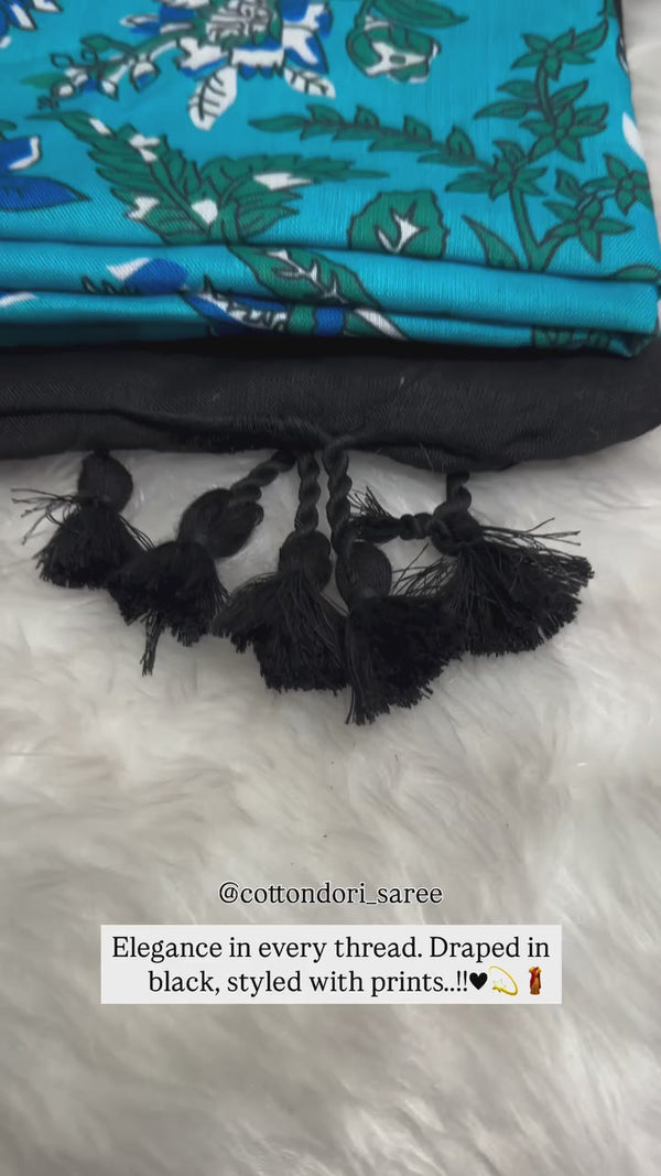 Premium Handloom Cotton Saree - Royal black saree with ocean blue blouse