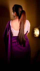 Purple cotton handloom saree with floral printed blouse