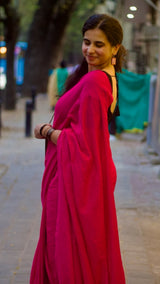 Magenta pink cotton saree with Kalamkari printed blouse