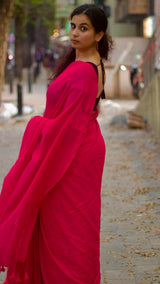 Magenta pink cotton saree with Kalamkari printed blouse